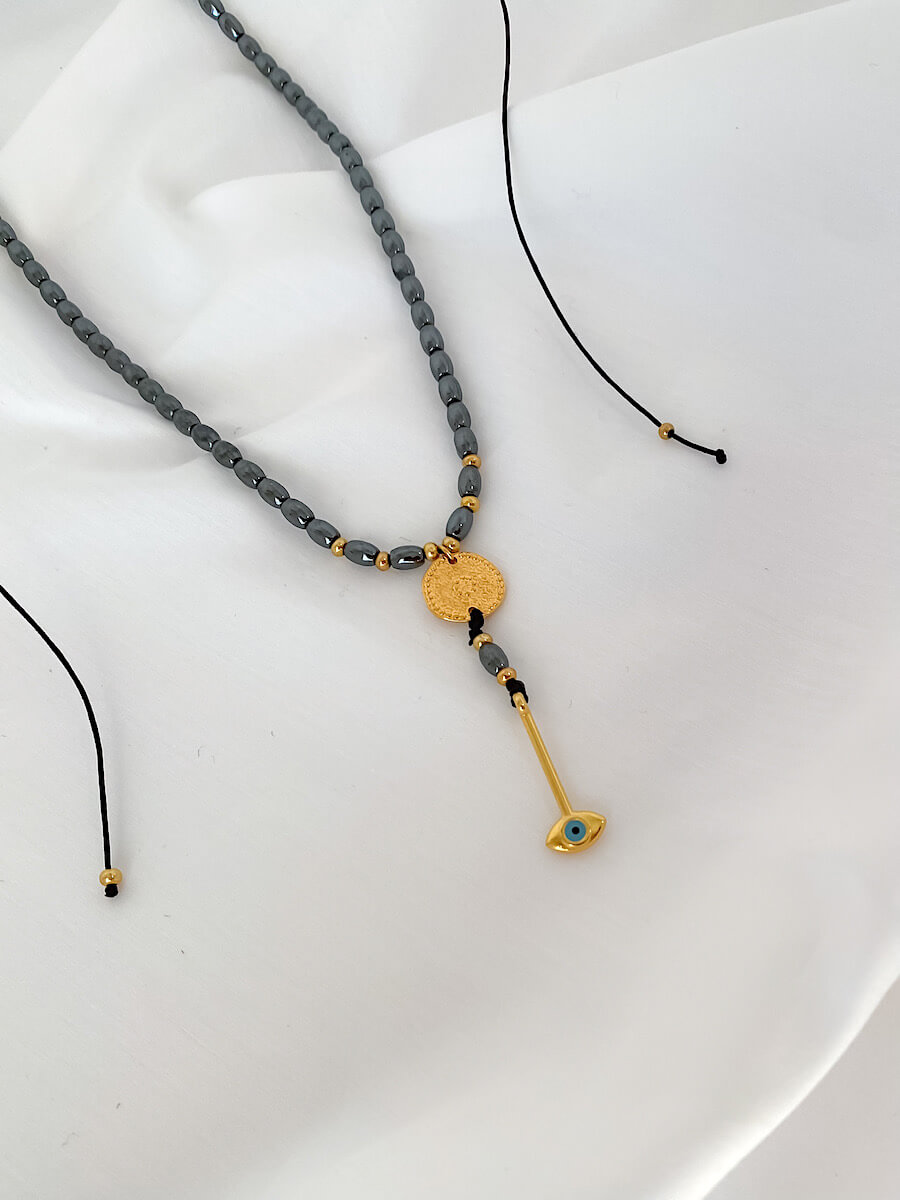 Hematite with Hunging Evil Eye Necklace