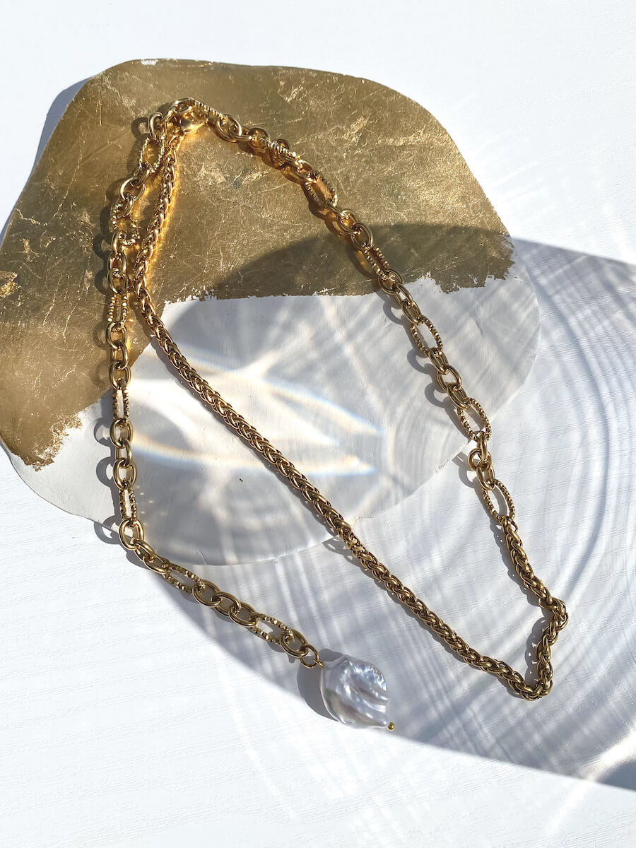 Steel Chain, Fresh water pearl necklace Multiple Gold plated Maadjwls