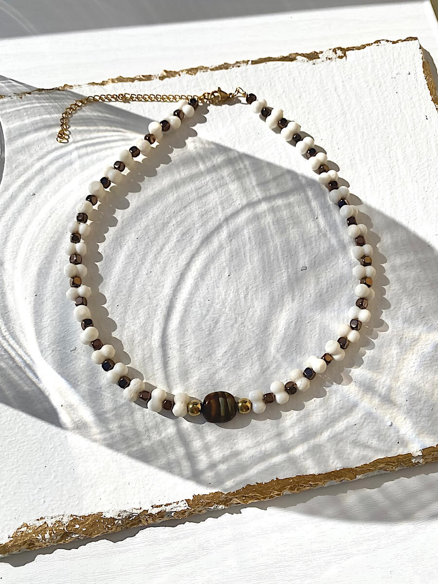 White Coral Beads With Hematite Necklace