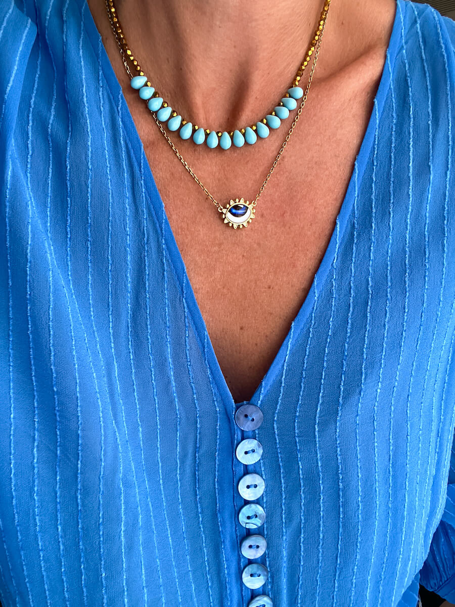 Gold Hematite with Turqoise Tear Beads Necklace