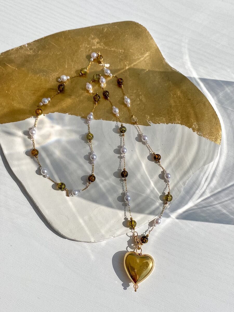 Olive Rosario with Heart Necklace