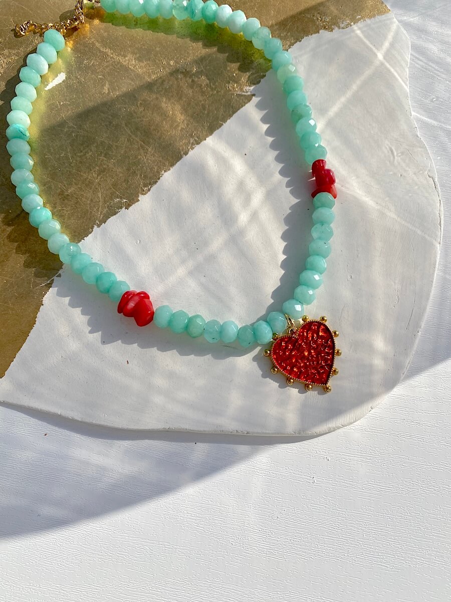 Crystal Beaded with Red Heart Necklace