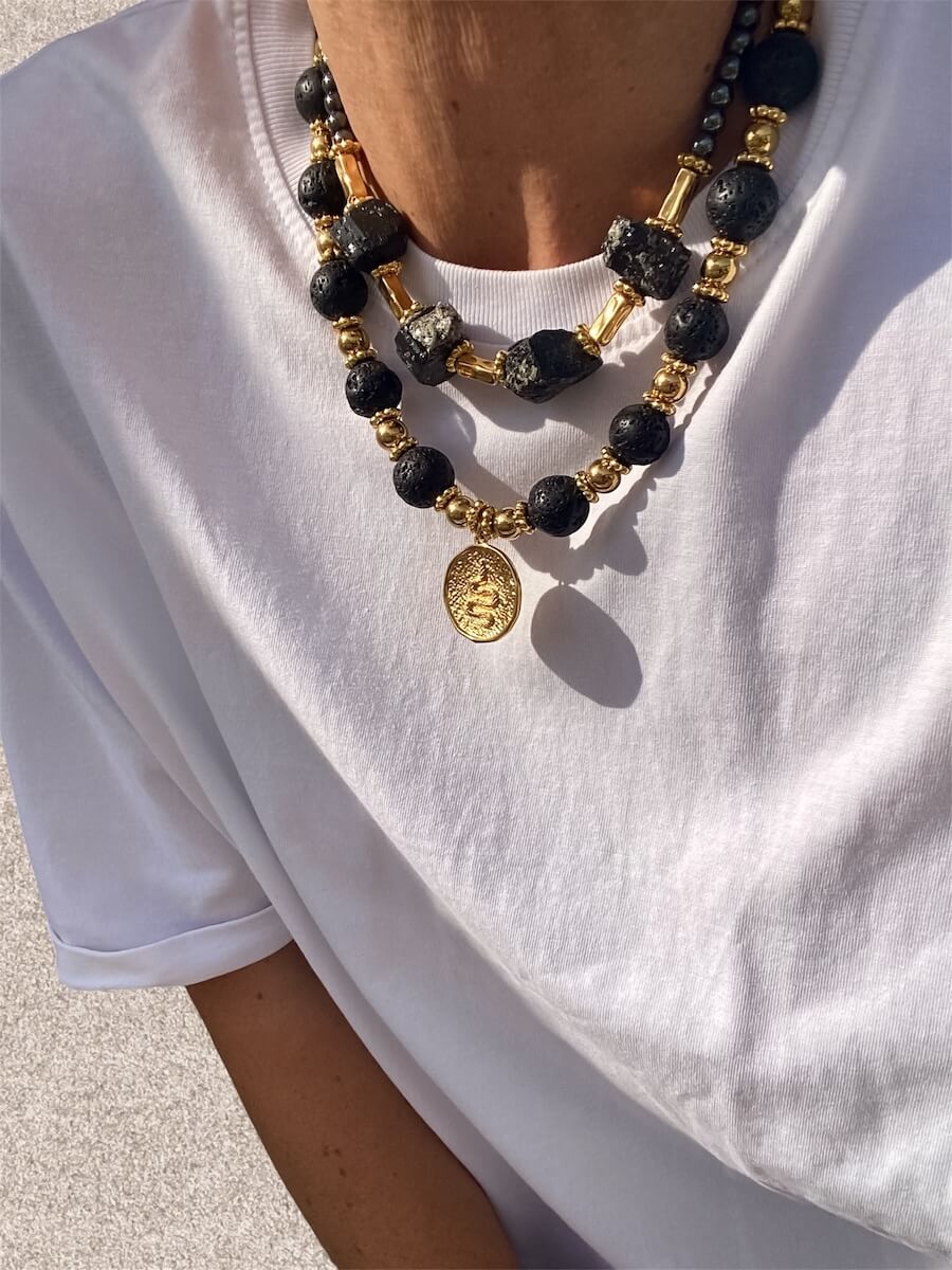 Statement Beaded Necklaces in Black and Gold Tones