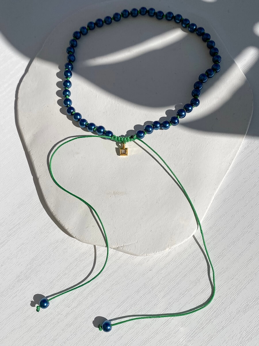 Adjustable Beaded Macrame Necklace - Blue