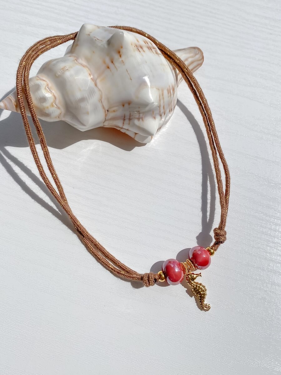 Golden Seahorse Cord Necklace, Maadjwls, Mediterranean Aesthetics, Vacation Mood, Stainless Steel