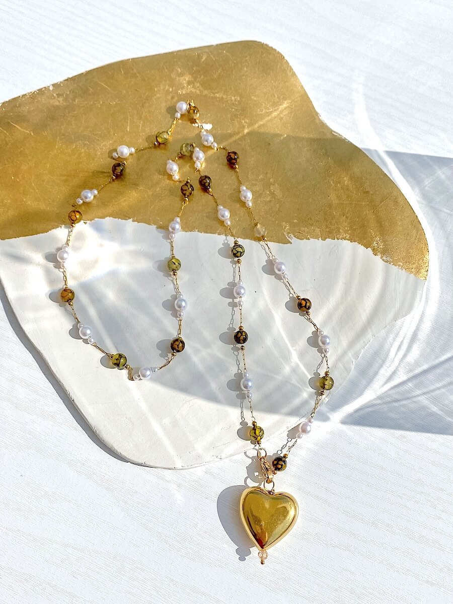 Olive Rosario with Heart Necklace