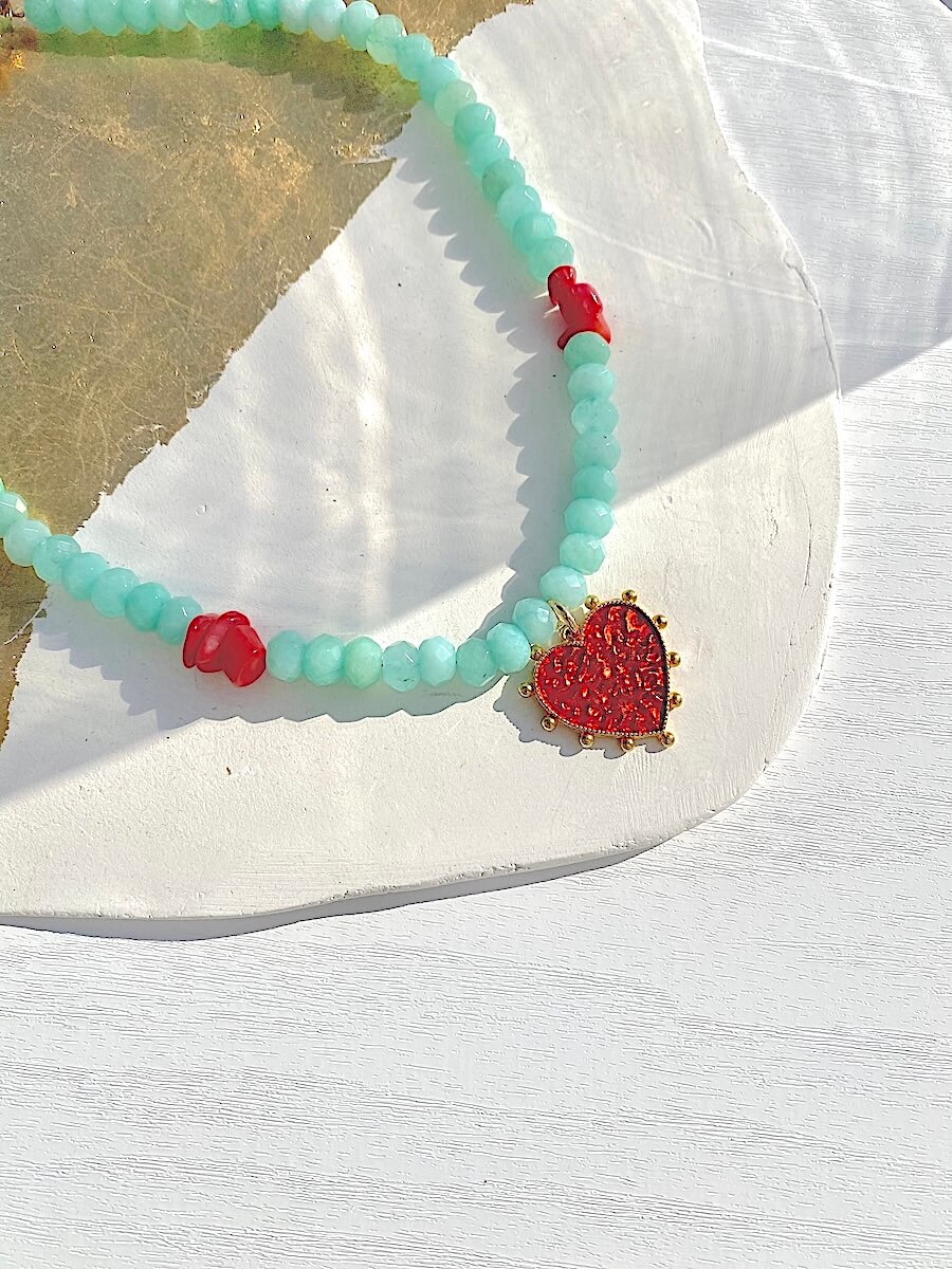 Crystal Beaded with Red Heart Necklace