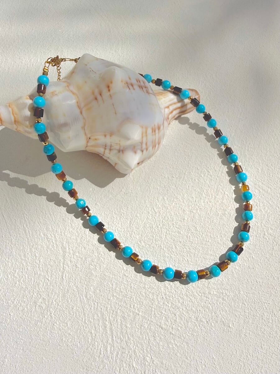 Tiny Turquoise and Tiger's Eye Beaded Necklace, Summer Accessories, Maadjwls, Limited pieces fashionable jewelry